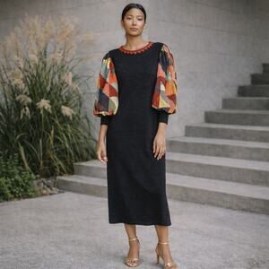 Anthropologie Bl^nk London SZ XXS Quilted Knit Midi Dress In Black Multi